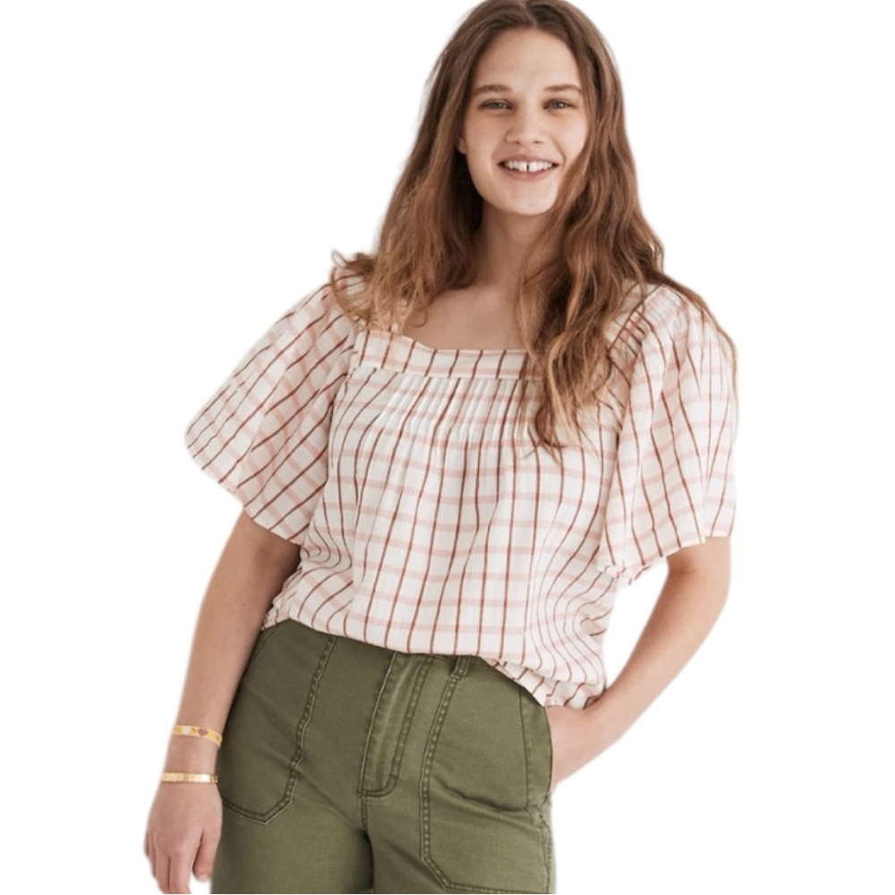 Madewell Square-Neck Pintuck Butterfly Top‎ in Windowpane